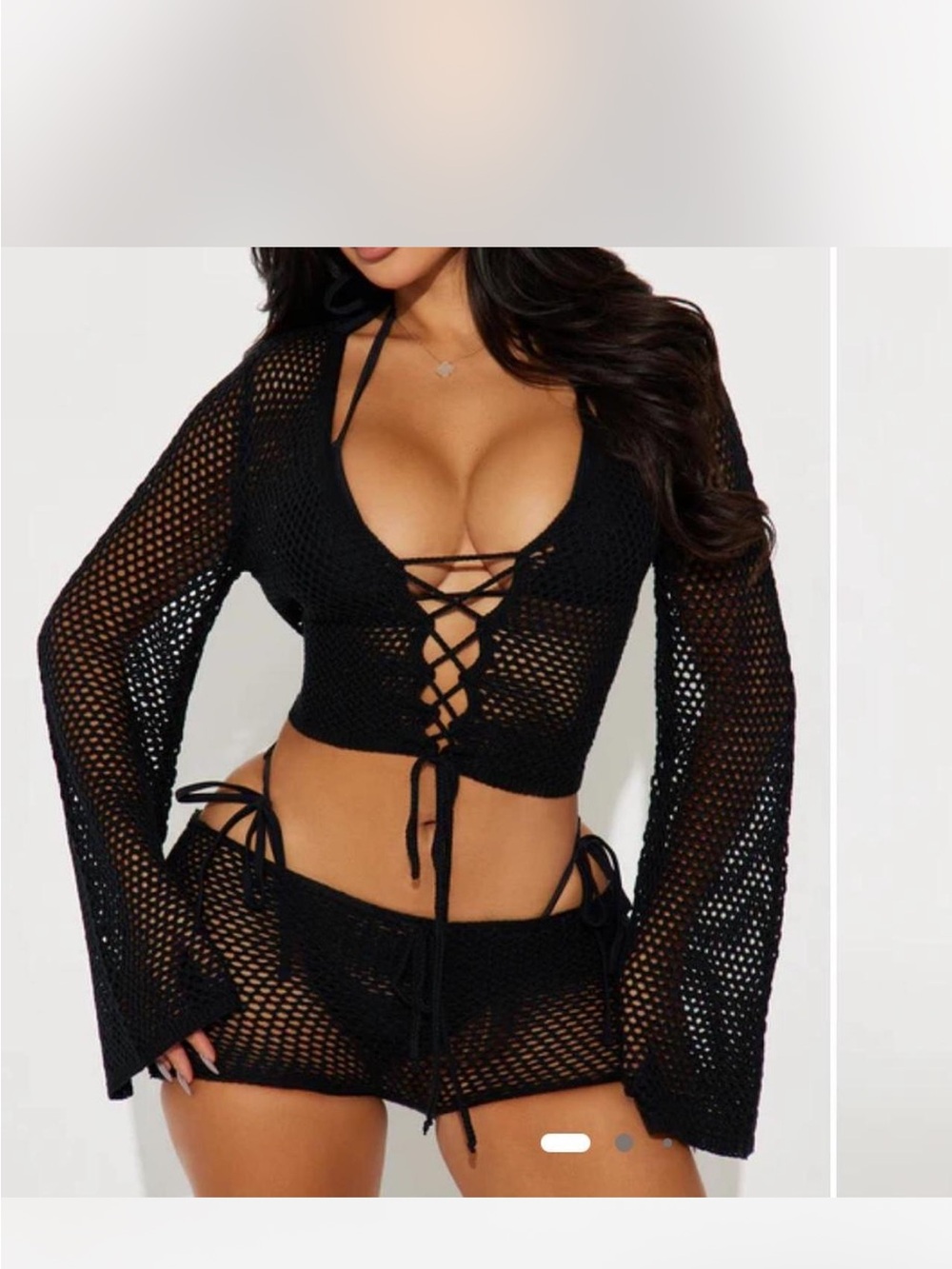 Fashion Nova Black Crochet Lace-Up Swim Coverup Set